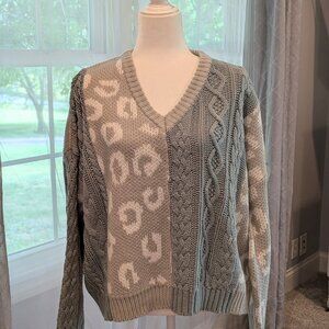 Gilli Cable Knit Blue Gray Color Block Animal Print Oversized Sweater Size Large